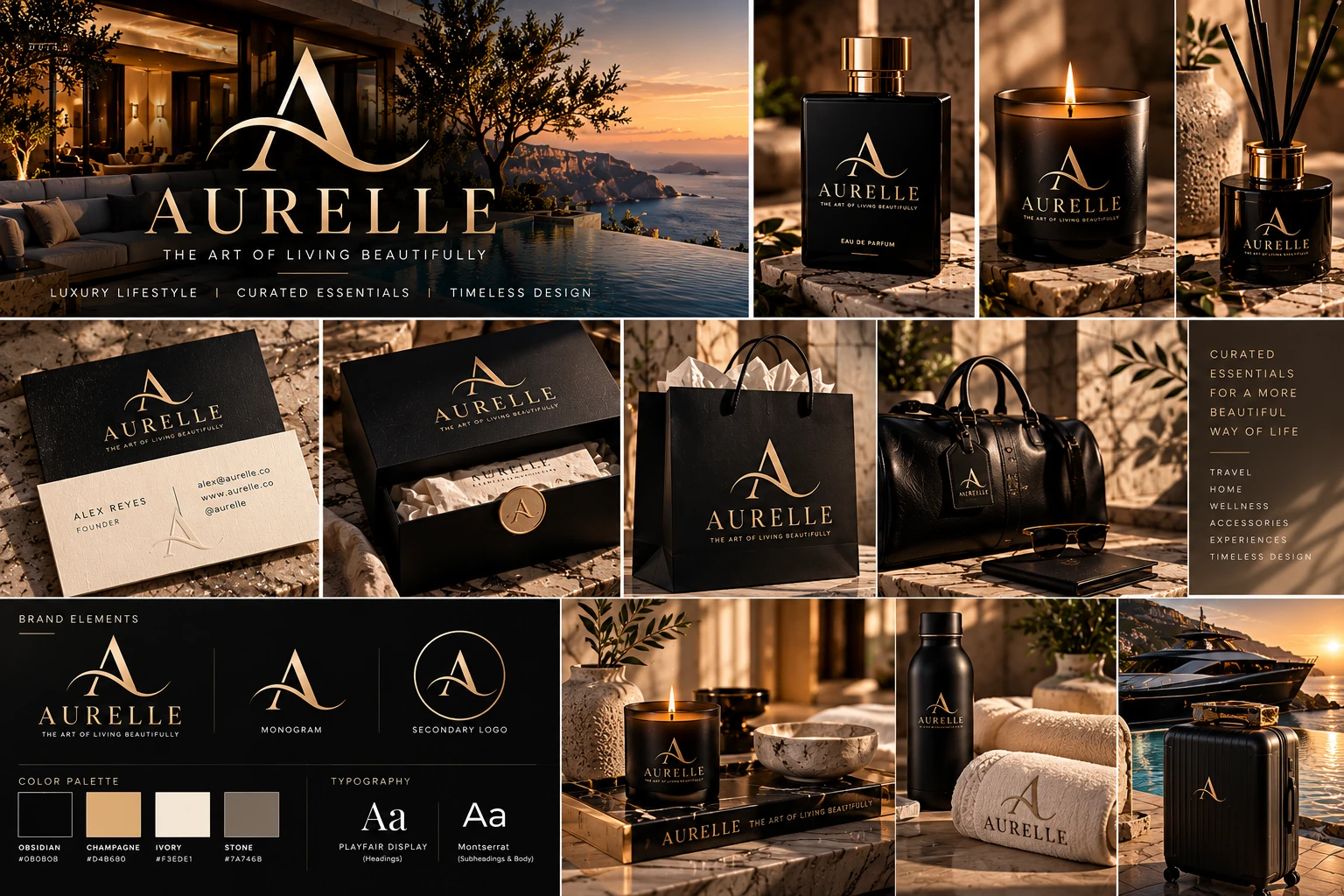 AURELLE luxury brand applications including packaging, fragrance, stationery and accessories