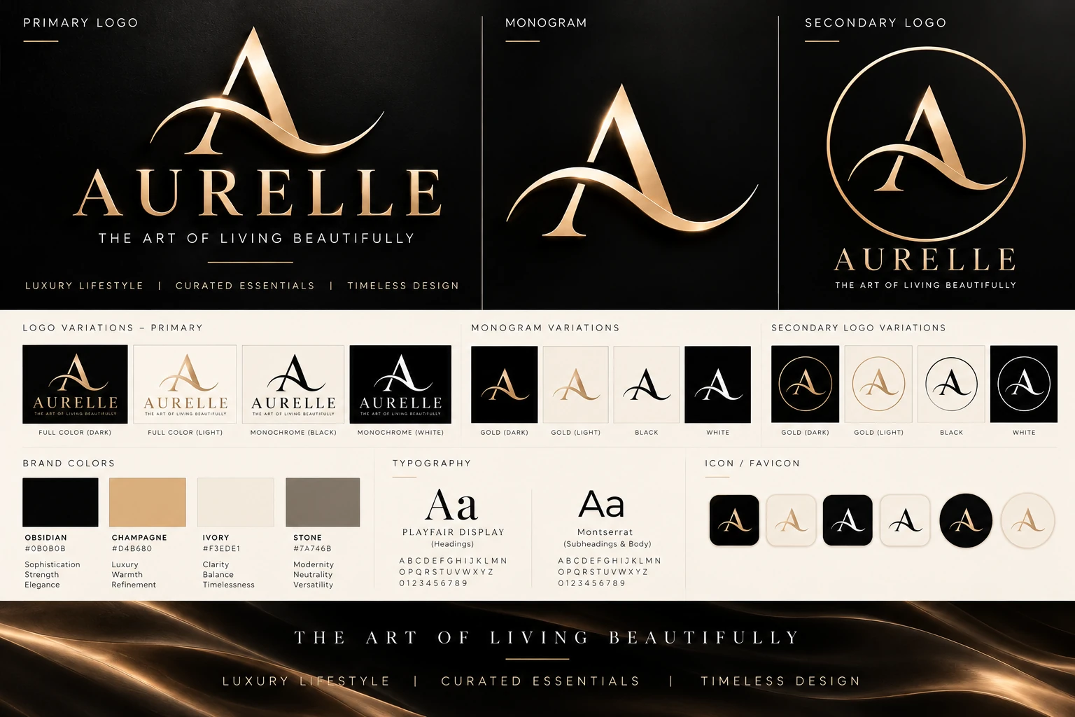 AURELLE logo identity board featuring the monogram, wordmark, typography and colors